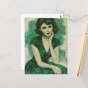 Retro Woman in a Green and White Polka Dot Dress Postcard