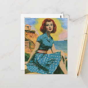 Retro Woman in Blue Polka Dots A Day at the Beach Postcard