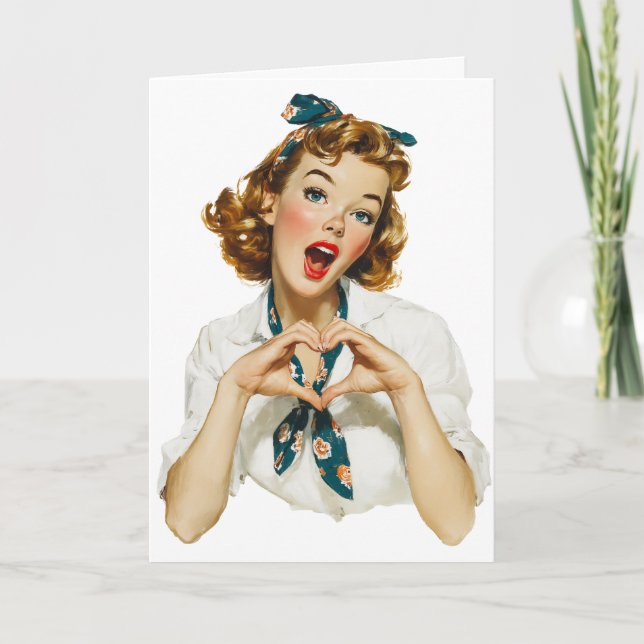 Retro Woman Making Heart Gesture Card (Front)