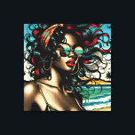 Retro Woman on Beach Comic Style Pop Art Canvas Print<br><div class="desc">Pretty retro African American woman in bikini sitting on beach with sunglasses on in vintage colours in a pop art comic style.</div>