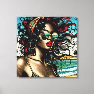Retro Woman on Beach Comic Style Pop Art Canvas Print
