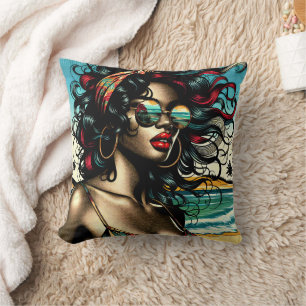Retro Woman on Beach Comic Style Pop Art Cushion
