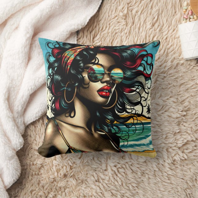 Retro Woman on Beach Comic Style Pop Art Cushion (Blanket)