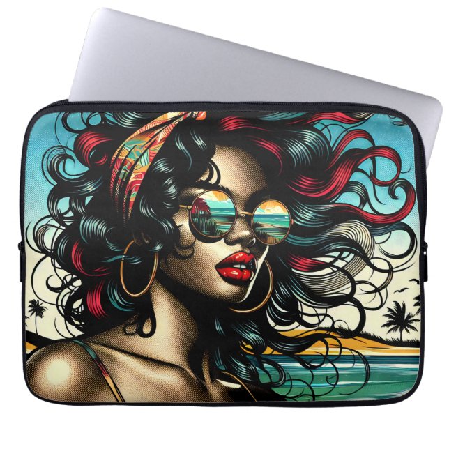 Retro Woman on Beach Comic Style Pop Art Laptop Sleeve (Front)