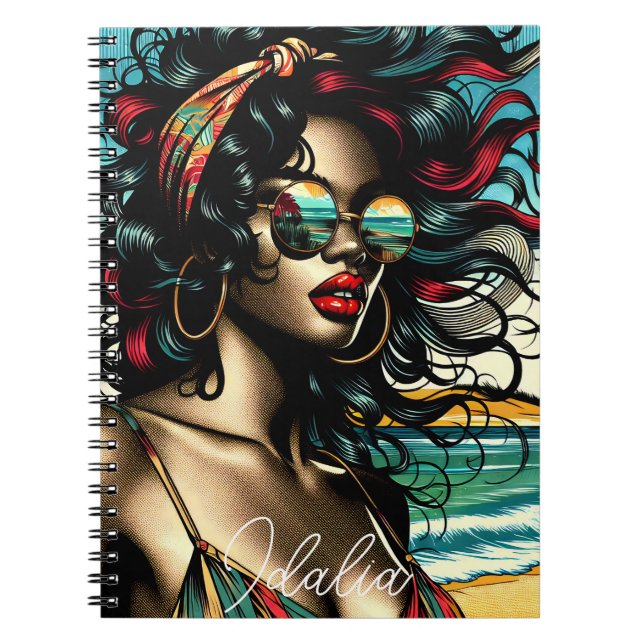 Retro Woman on Beach Comic Style Pop Art Notebook (Front)