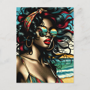 Retro Woman on Beach Comic Style Pop Art Postcard