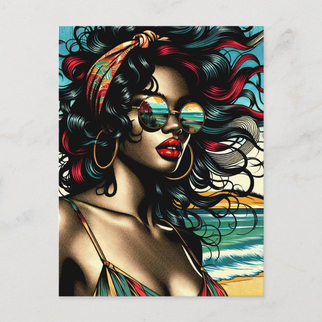 Retro Woman on Beach Comic Style Pop Art Postcard (Front)