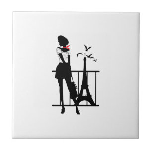 Retro woman red and black silhouette with Eiffel T Tile