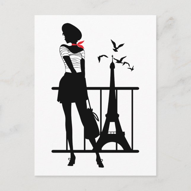 Retro woman red black silhouette with Eiffel Tower Postcard (Front)