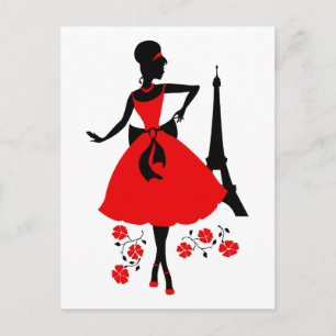 Retro woman red black silhouette with Eiffel Tower Postcard