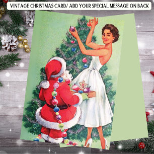 Retro Woman Santa Christmas Tree  Holiday Card