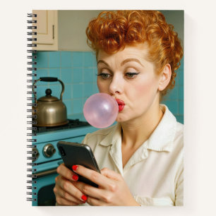 Retro Woman Texting On a Cell Phone Notebook