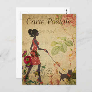 Retro Woman Walking Dog Postcard