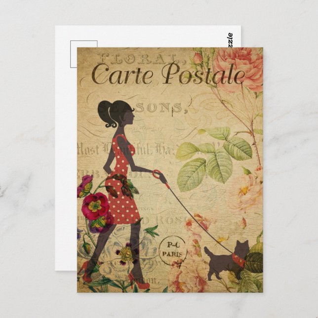 Retro Woman Walking Dog Postcard (Front/Back)