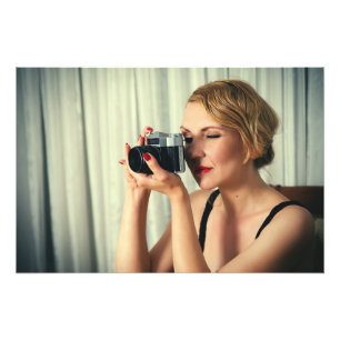 Retro woman with camera photo print