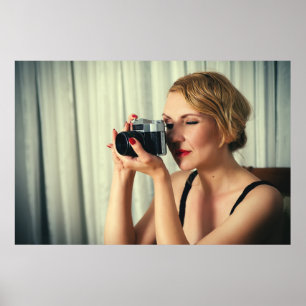 Retro woman with camera poster