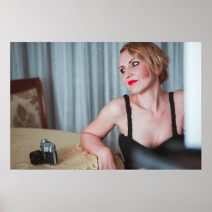 Retro woman with camera poster