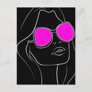 Retro Woman's Face in Pink Sunglasses Black Postcard