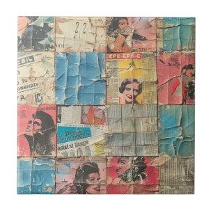 Retro Women Newspaper Vintage Mosaic Pattern Tile