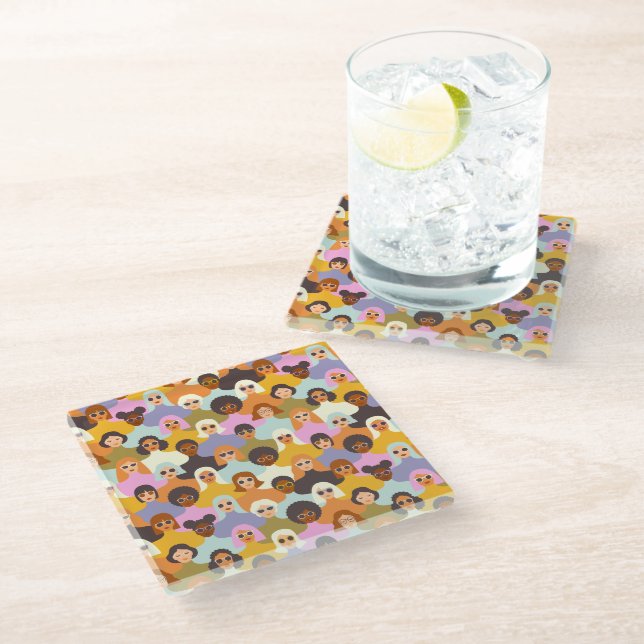Retro Women of the World Pattern Glass Coaster (Angled)