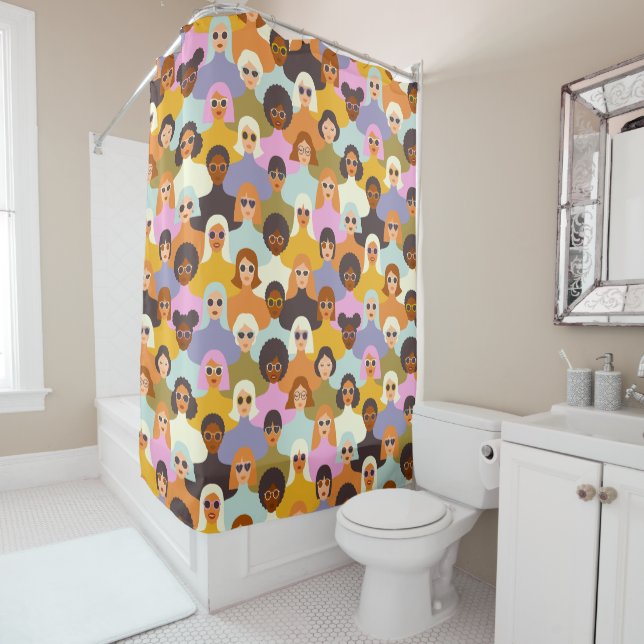 Retro Women of the World Pattern Shower Curtain (In Situ)