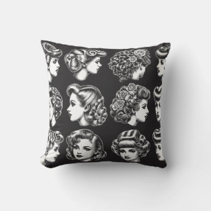 Retro Women's Hairstyles Illustration Throw Pillow