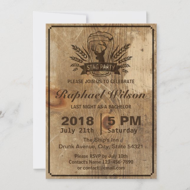 Retro Wood Beer & Stag Bachelor Party Card (Front)