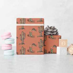 Retro Woodcut Cactus Terracotta & Green Wrapping Paper