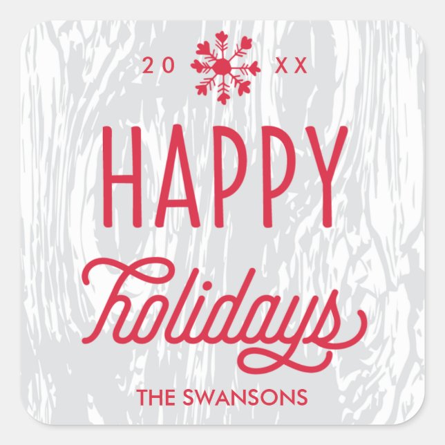 Retro Woodgrain Happy Holidays Gift Tag Sticker (Front)