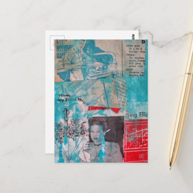 Retro Woodworking Man Woman Flowers Collage  Postcard (Front/Back In Situ)