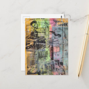Retro Woodworking Men Mixed Media Collage  Postcard