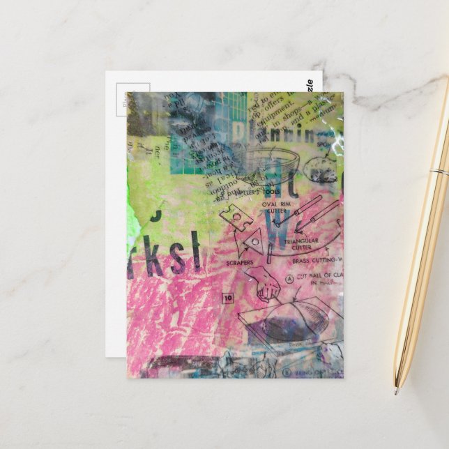 Retro Woodworking mixed media collage colorful Postcard (Front/Back In Situ)