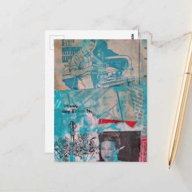 Retro Woodworking Mixed Media Collage  Postcard (Front/Back In Situ)