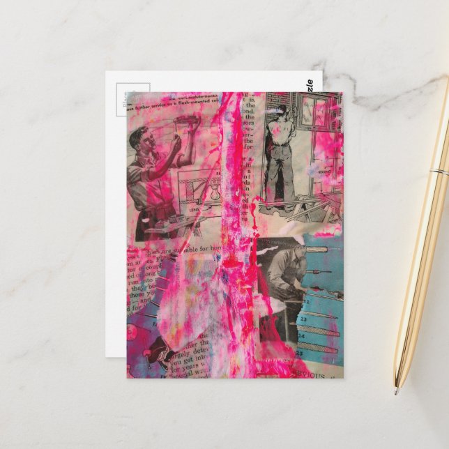 Retro Working Men Black White Pink Blue Postcard (Front/Back In Situ)