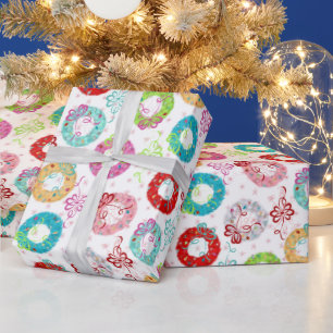 Retro Wreaths - Pink Starsburst - Christmas Wrapping Paper
