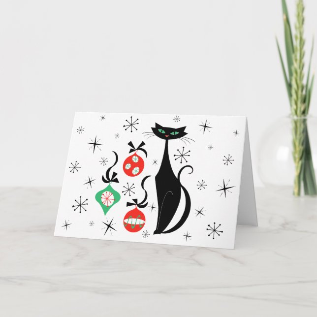 Retro Xmas Cat Merry Christmas horizontal Holiday Card (Front)