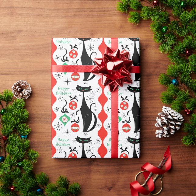 Retro Xmas Cat Stripe Happy Holidays  Wrapping Paper (Holiday Gift)