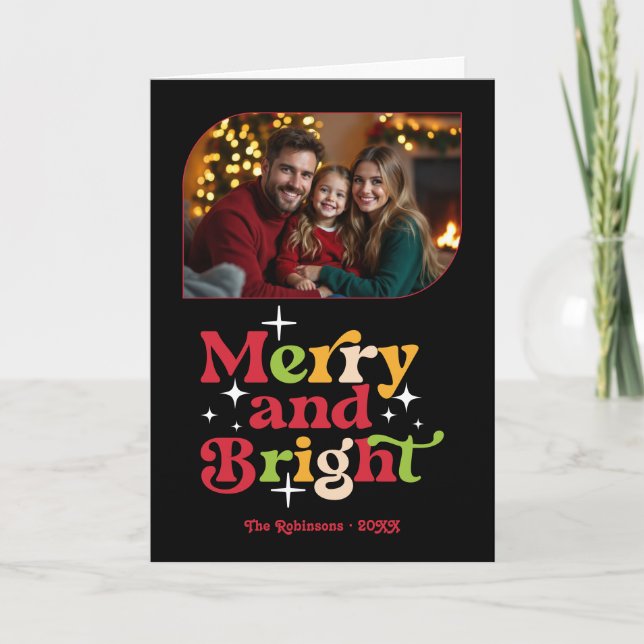 Retro Xmas Merry and Bright Retro Christmas Photo Holiday Card (Front)