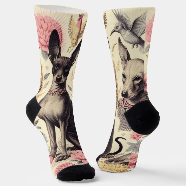 Retro Xoloitzcuintle  Seamless Illustration Socks (Angled)