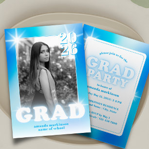 Retro Y2K Cyber Blue Neon Graduation Photo Party Invitation