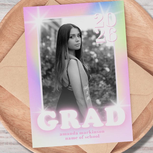 Retro Y2K Cyber Pink Neon Photo Graduation Announcement (Creator Uploaded)