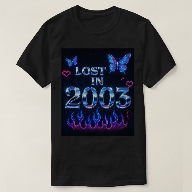 Retro Y2K "Lost in 2003" Chrome Text T-Shirt with  (Design Front)