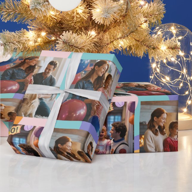 Retro “Year in Review” Family Photo Collage Wrapping Paper (Holidays)