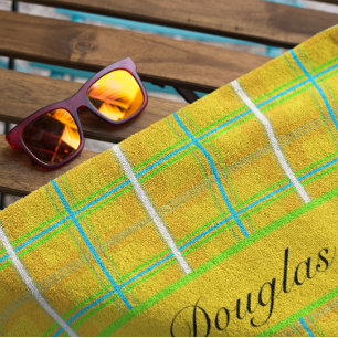 Retro Yellow and Blue Douglas Tartan, custom Beach Towel