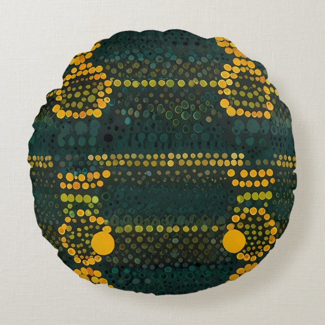 Retro Yellow and Green Zigzag Dot Patter Round Cushion (Front)
