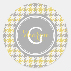 Retro yellow and grey houndstooth plaid pattern classic round sticker