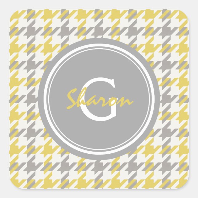 Retro yellow and grey houndstooth plaid pattern square sticker (Front)