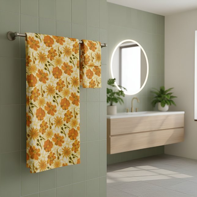 Retro Yellow and Orange Floral with 70s Vibes Bath Towel Set (Creator Uploaded)
