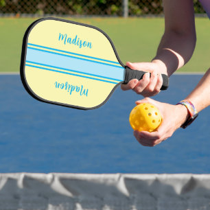 Retro Yellow and Sky Blue Striped - Monogrammed Pickleball Paddle