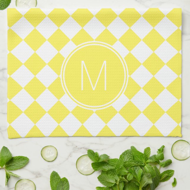 Retro Yellow and White Chequered Check Tea Towel (Folded)